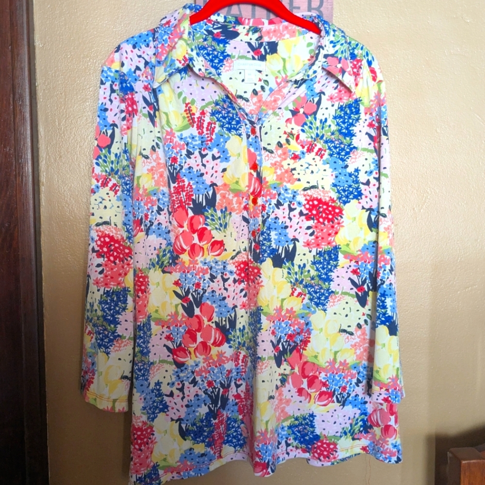Bright Floral Design 3/4 Sleeve Blouse Lightweight Women's XXL